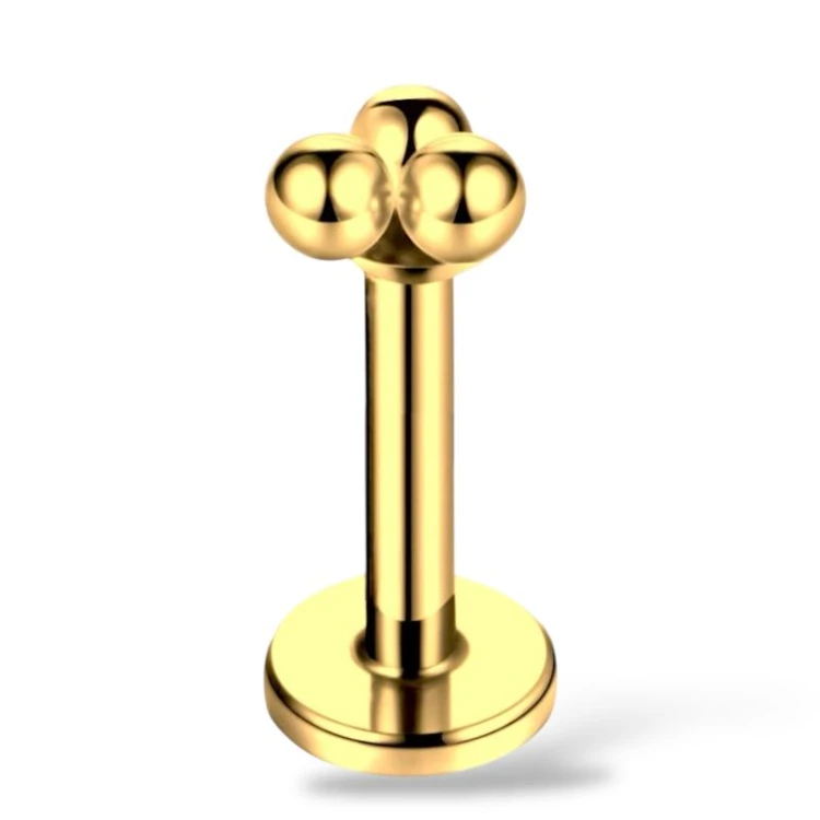 Złoty labret z trzema kuleczkami - Stal Ch.316L