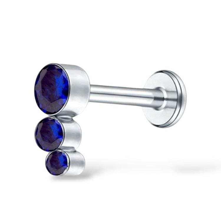 Tytanowy labret 3 granatowe cyrkonie