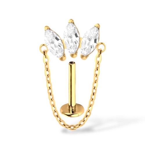 Tytanowy złoty labret z łańcuszkiem i cyrkoniami