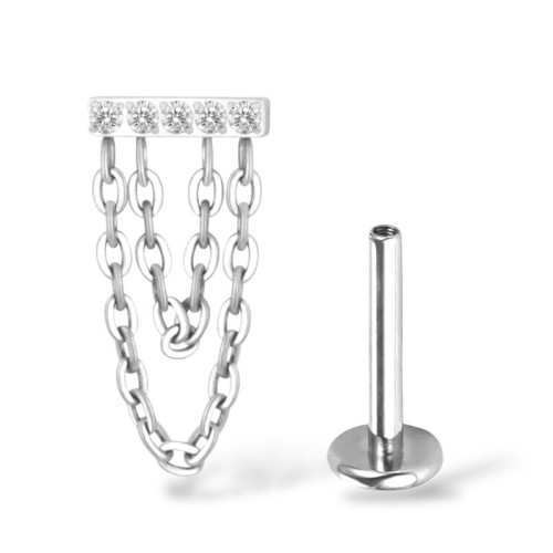 Tytanowy labret z cyrkoniami i łańcuszkami