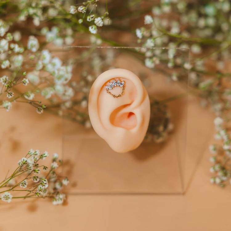 Tytanowy labret z łańcuszkiem i 5 cyrkoniami