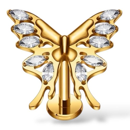 Tytanowy ZŁOTY labret z motylkiem i cyrkoniami