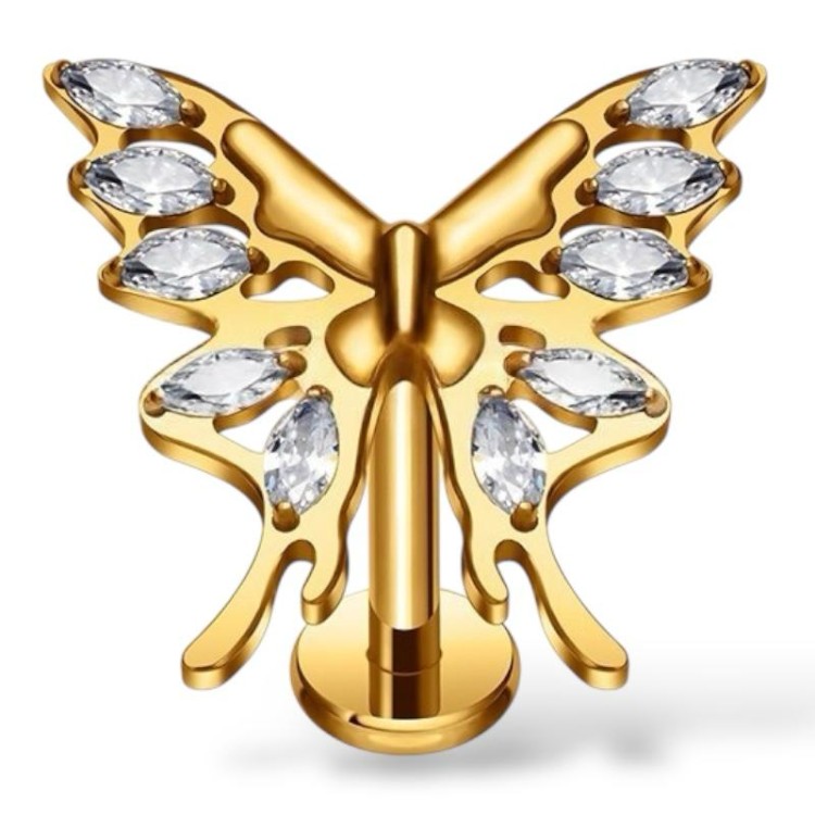Tytanowy ZŁOTY labret z motylkiem i cyrkoniami