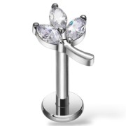 Tytanowy SREBRNY labret w kształcie listka z cyrkoniami