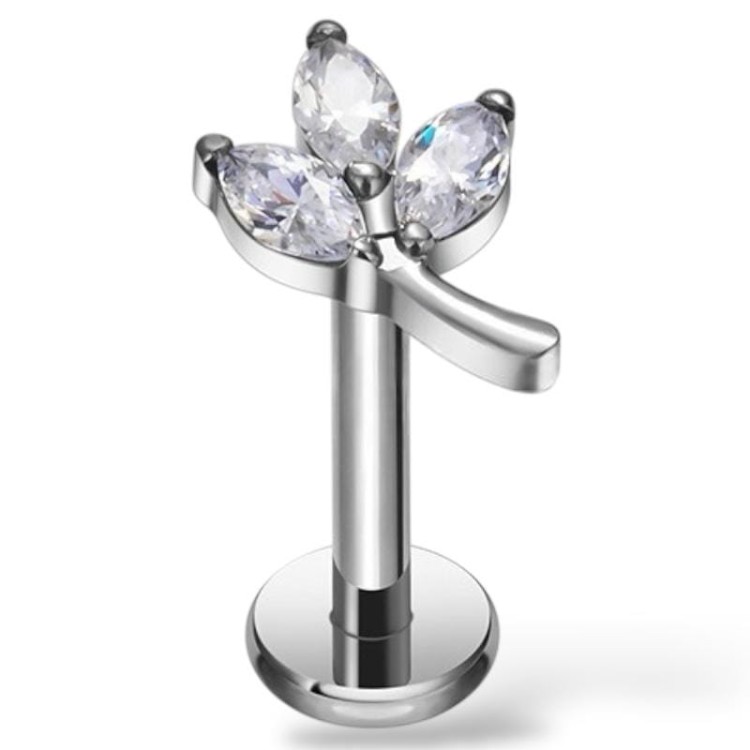 Tytanowy SREBRNY labret w kształcie listka z cyrkoniami
