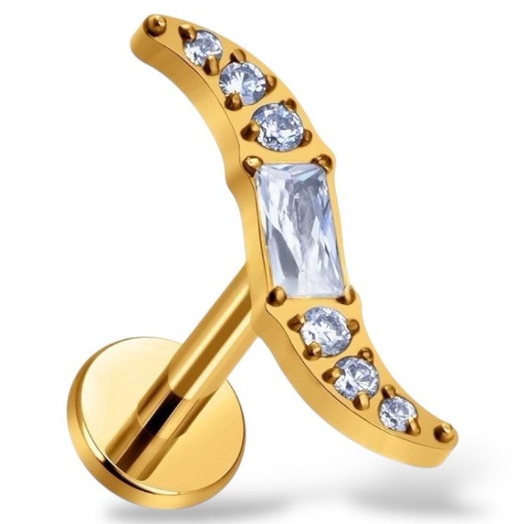 Tytanowy ZŁOTY labret ozdobny w cyrkonie