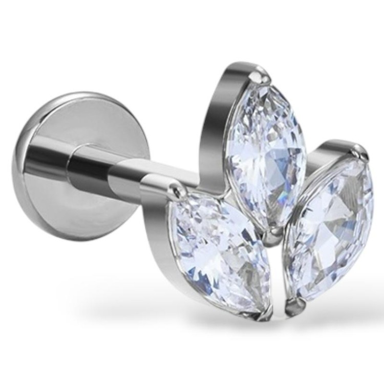 Tytanowy srebrny labret potrójna cyrkonia biała markiza