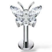 Tytanowy srebrny labret z motylkiem białe cyrkonie