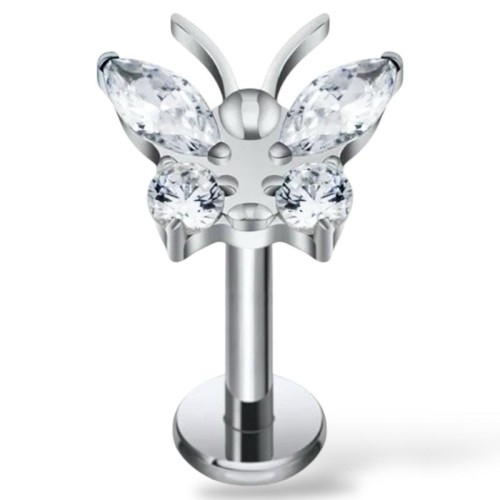 Tytanowy srebrny labret z motylkiem białe cyrkonie