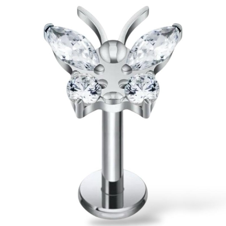 Tytanowy srebrny labret z motylkiem białe cyrkonie