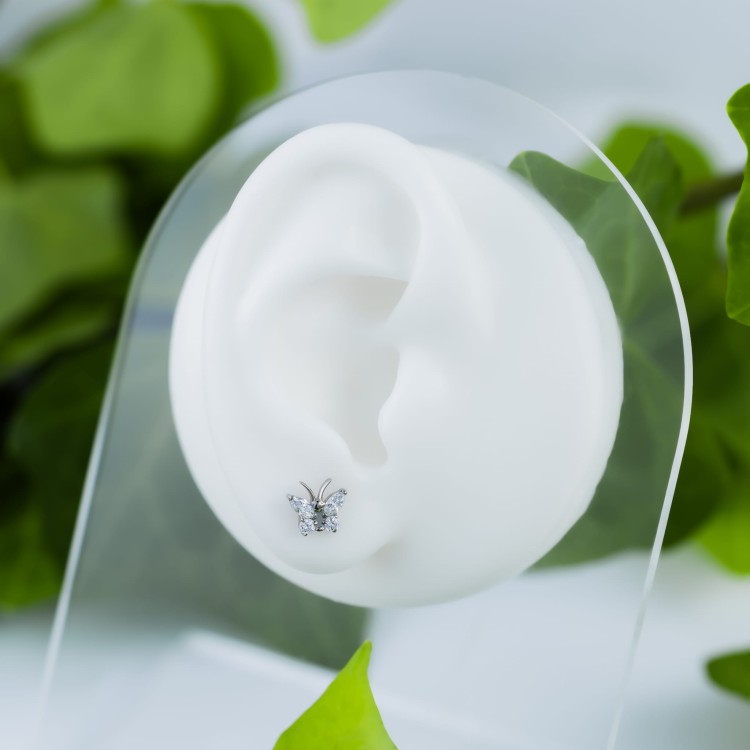 Tytanowy srebrny labret z motylkiem