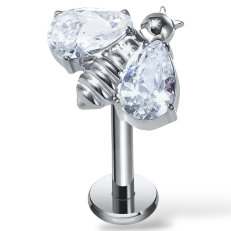 Tytanowy srebrny labret pszczoła i cyrkonie