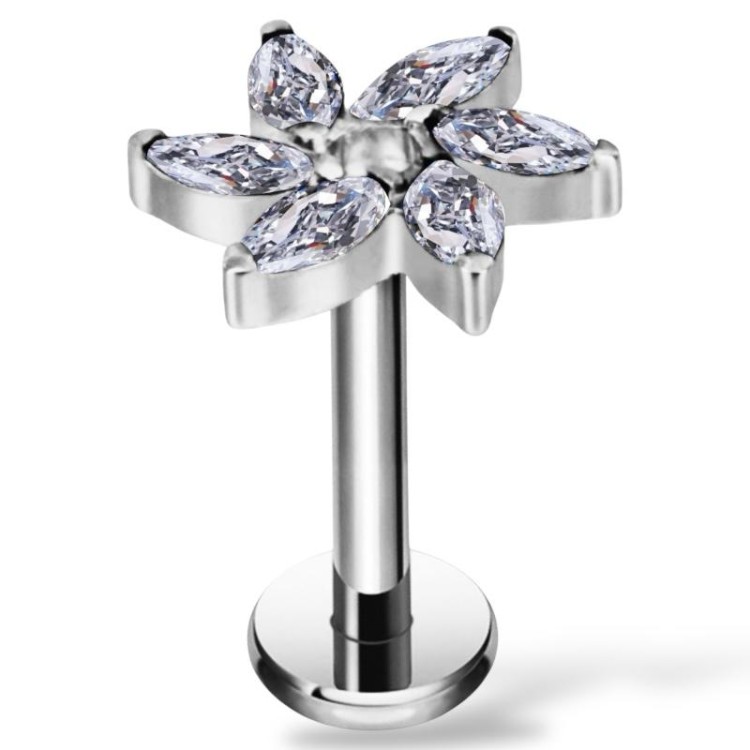 Tytanowy labret z motywem kwiatu z cyrkoniami