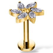 Tytanowy złoty labret z motywem kwiatu z cyrkoniami