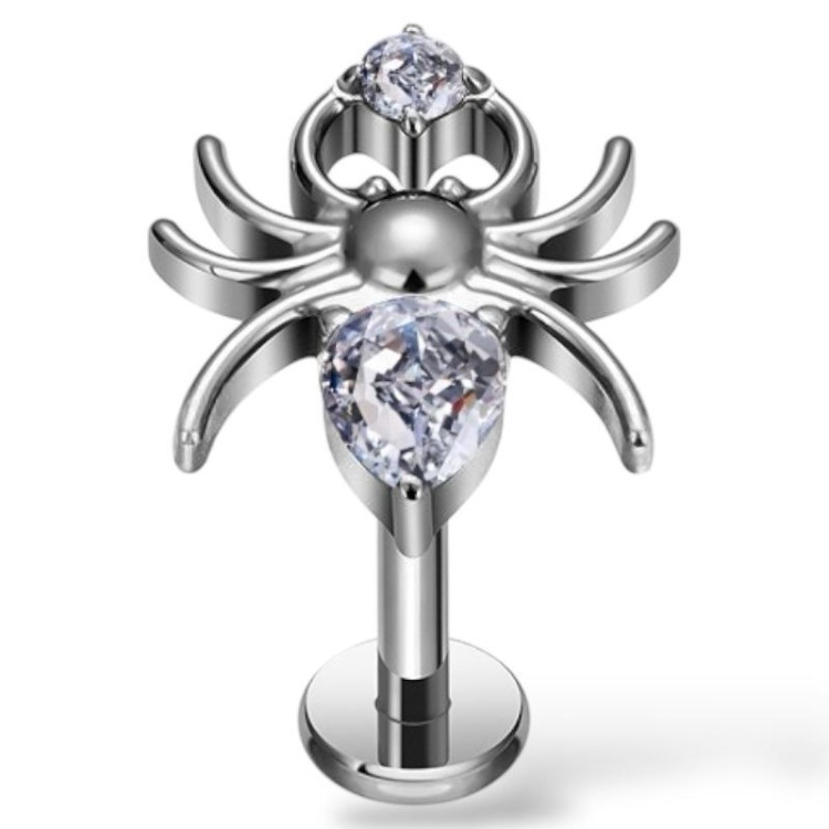 Tytanowy srebrny labret z pająkiem