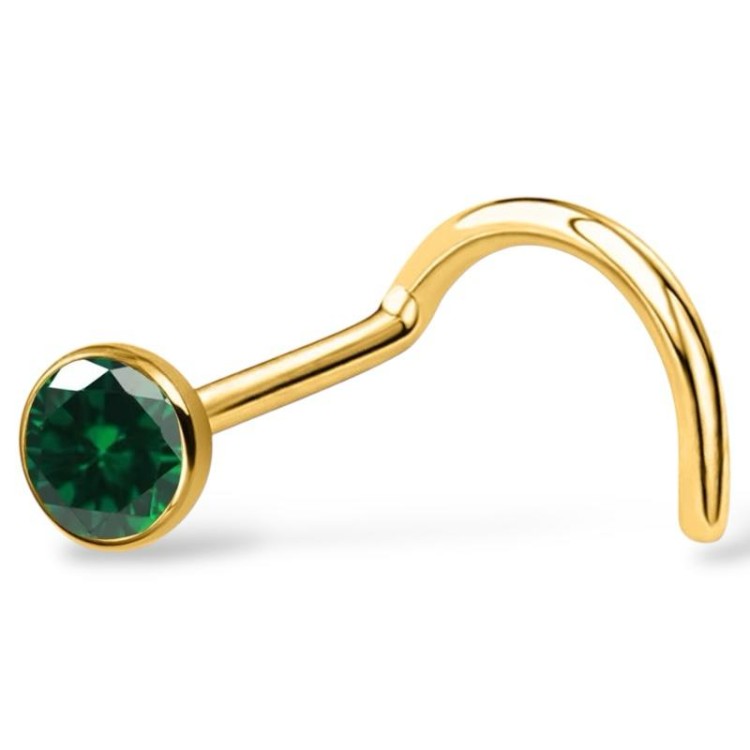 Tytanowy złoty kolczyk do nosa z zieloną cyrkonią