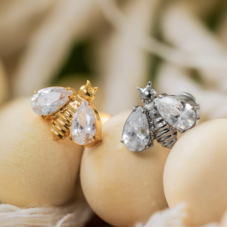 Tytanowy srebrny labret pszczoła i cyrkonie