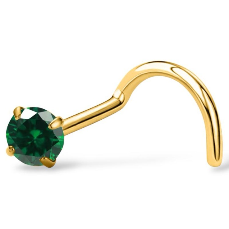 Tytanowy złoty kolczyk do nosa Pigmej z zieloną cyrkonią