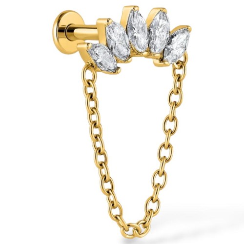 Tytanowy labret z łańcuszkiem i 5 cyrkoniami