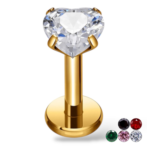 TYTANOWY, ZŁOTY LABRET Z CYRKONIĄ W KSZTAŁCIE SERCA.