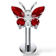 Tytanowy srebrny labret z motylkiem czerwone cyrkonie