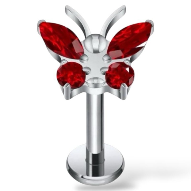 Tytanowy srebrny labret z motylkiem czerwone cyrkonie