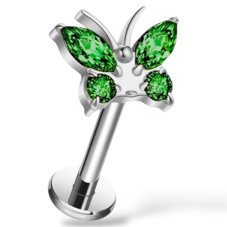 Tytanowy srebrny labret z motylkiem zielone cyrkonie