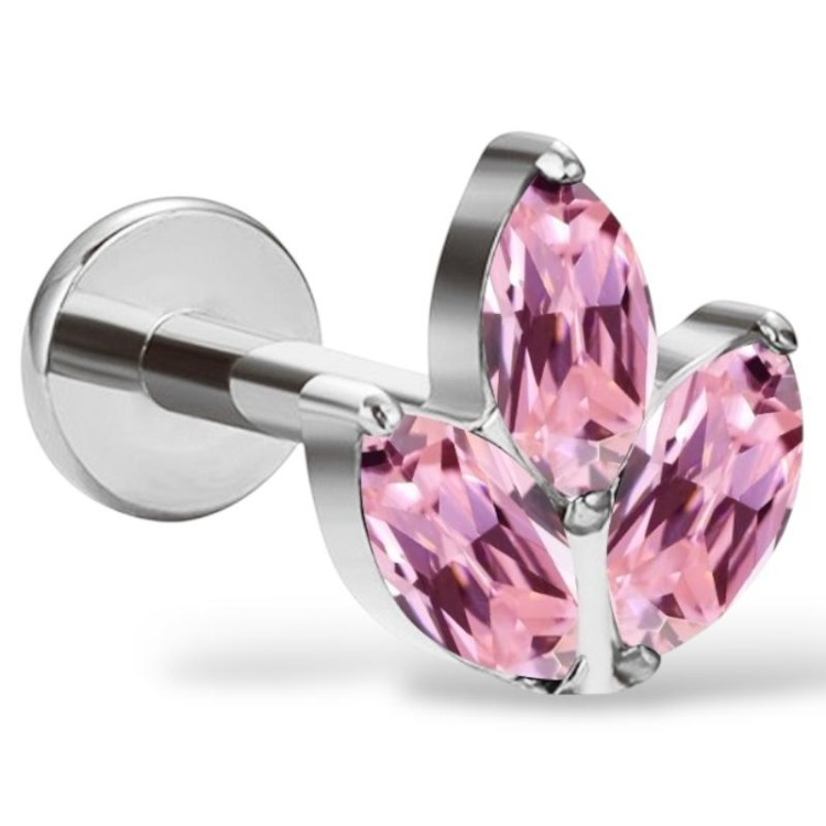 Tytanowy srebrny labret potrójna cyrkonia różowa markiza