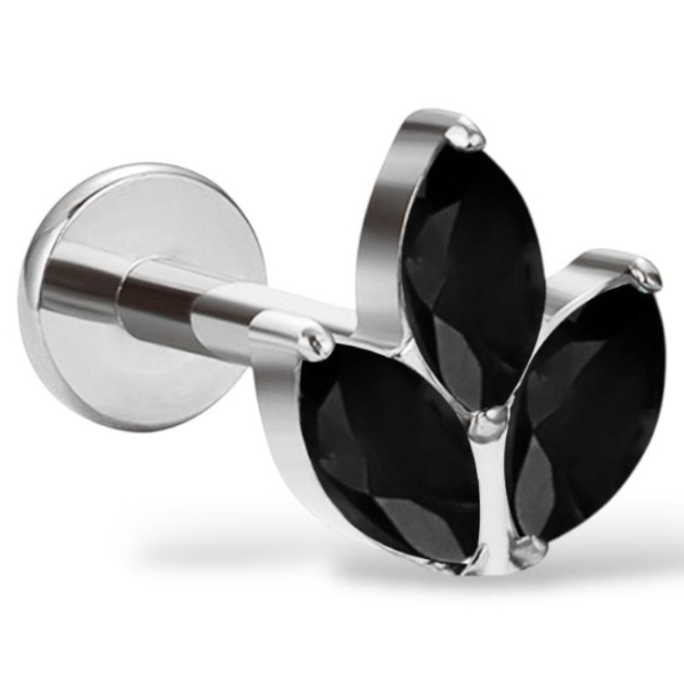 Tytanowy srebrny labret potrójna cyrkonia czarna markiza