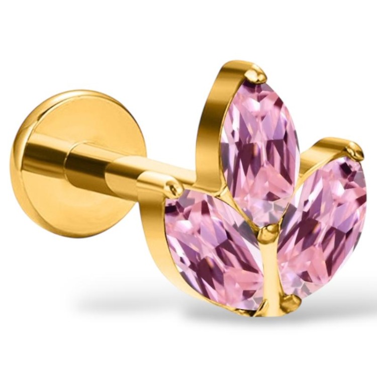 Tytanowy złoty labret potrójna cyrkonia różowa markiza