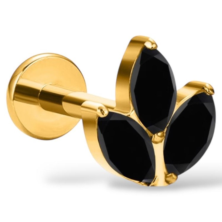 Tytanowy złoty labret potrójna cyrkonia czarna markiza