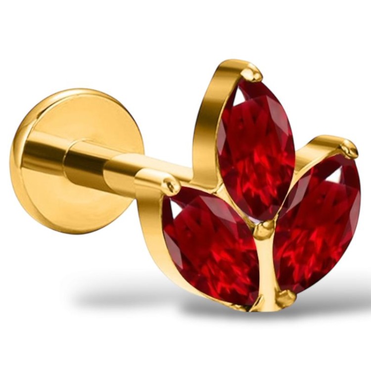 Tytanowy złoty labret potrójna cyrkonia czerwona markiza