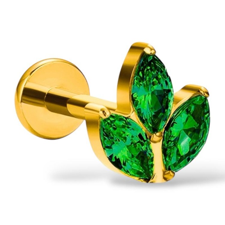 Tytanowy złoty labret potrójna cyrkonia zielona markiza