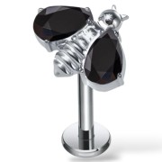 Tytanowy srebrny labret pszczoła i  czarne cyrkonie