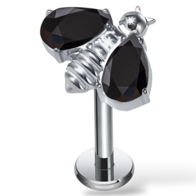 Tytanowy srebrny labret pszczoła i  czarne cyrkonie