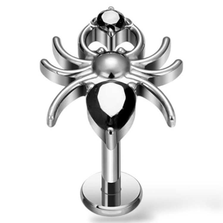 Tytanowy srebrny labret z czarnym pająkiem