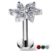 Tytanowy labret z motywem kwiatu z cyrkoniami