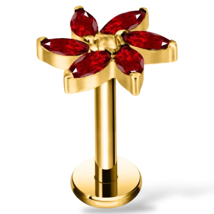 Tytanowy złoty labret z motywem kwiatu z cyrkoniami