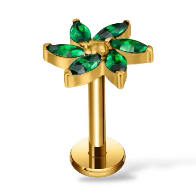 Tytanowy złoty labret z motywem kwiatu z cyrkoniami