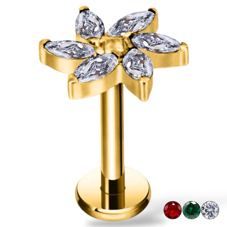 Tytanowy złoty labret z motywem kwiatu z cyrkoniami