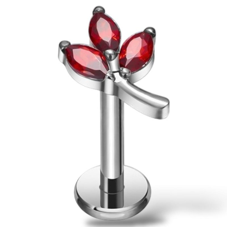 Tytanowy SREBRNY labret w kształcie listka z cyrkoniami