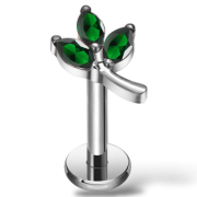 Tytanowy SREBRNY labret w kształcie listka z cyrkoniami