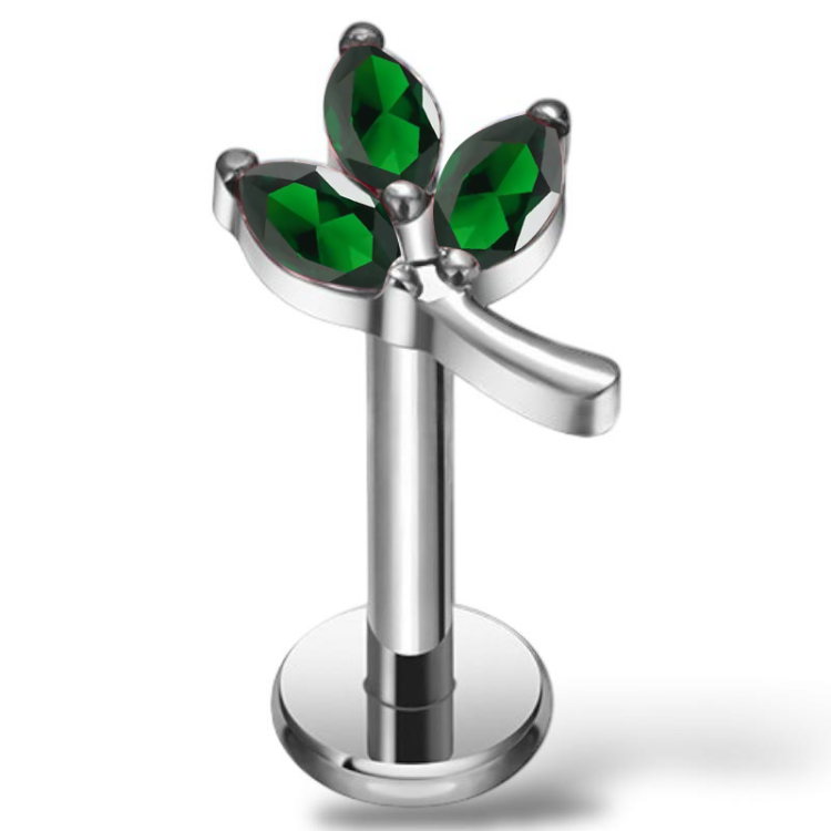 Tytanowy SREBRNY labret w kształcie listka z cyrkoniami