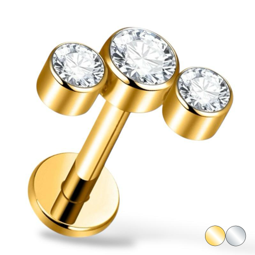 Tytanowy  labret z trzema cyrkoniami