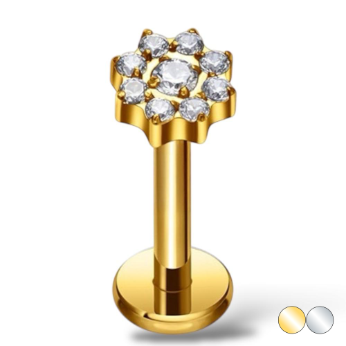 Tytanowy kolczyk złoty kwiatek cyrkonie