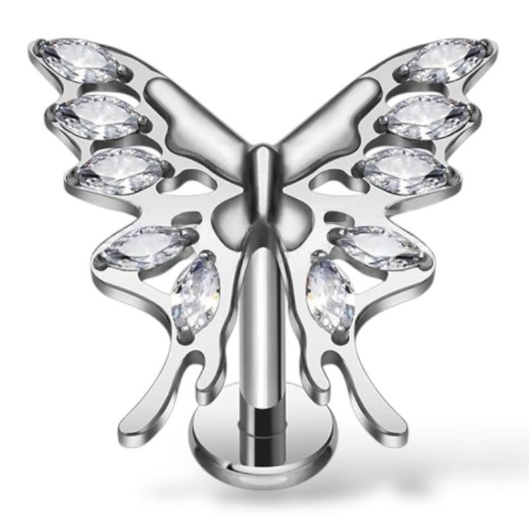 Tytanowy srebrny labret z motylkiem i cyrkoniami