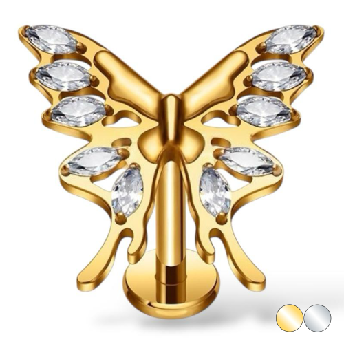 Tytanowy labret z motylkiem i cyrkoniami