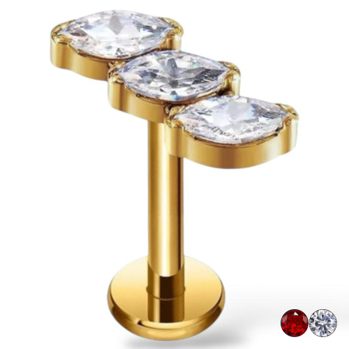 Tytanowy ZŁOTY Labret z trzema cyrkoniami w kształcie łezki