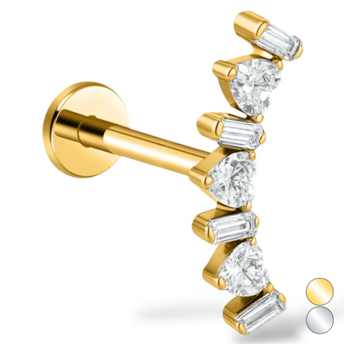 Tytanowy złoty kolczyk z serduszkami i podłużnymi cyrkoniami