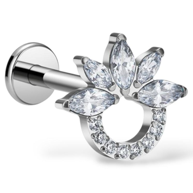 Tytanowy srebrny labret Półksiężyc z kwiatem